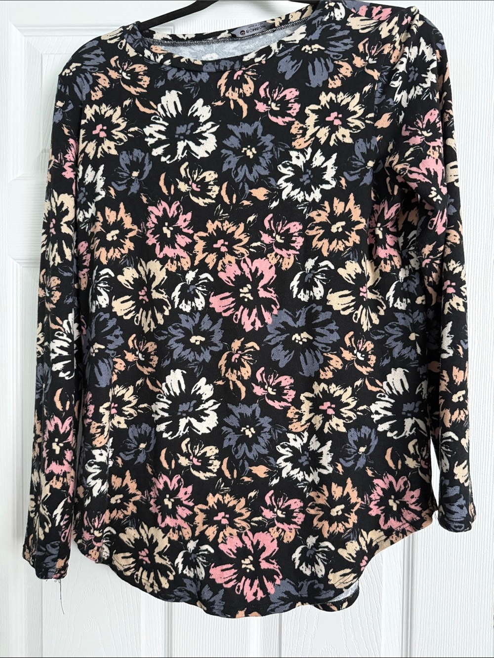 Women's Floral Long-Sleeve Tee - Black with Pink, Cream & Blue Flowers